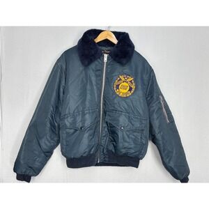 Vintage Full Zip Quilted Bomber Jacket Mens Blue Old Guard Flap Pockets XL Patch